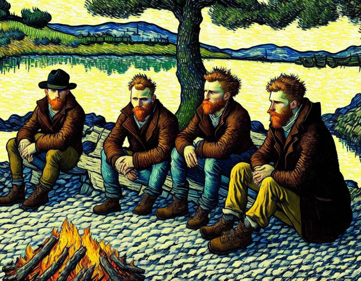 Four men with beards seated by fire in Van Gogh-inspired landscape