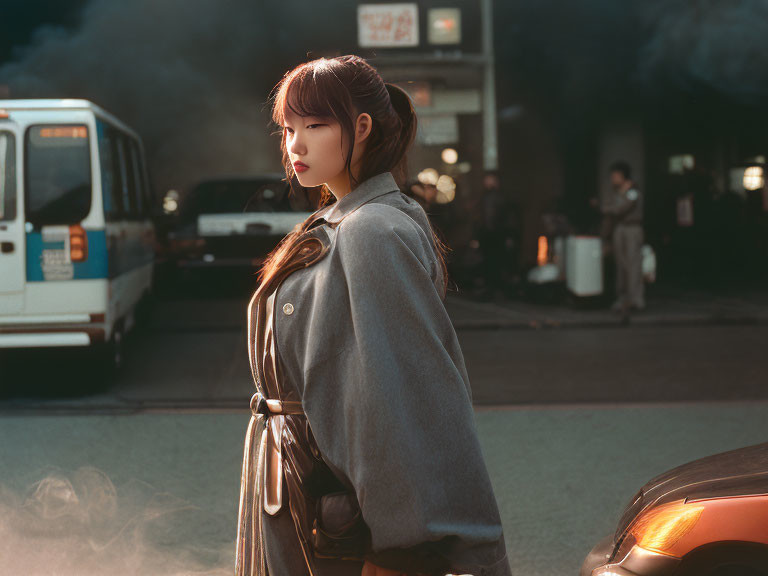 Woman in grey coat on busy street at dusk