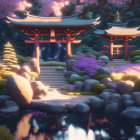 Japanese garden at dusk with pond, purple foliage, lanterns, torii gate, and pagoda