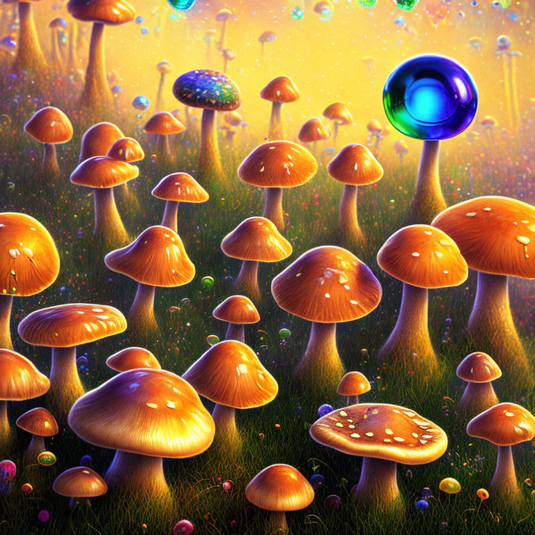 Colorful Fantasy Landscape with Oversized Mushrooms and Floating Bubbles