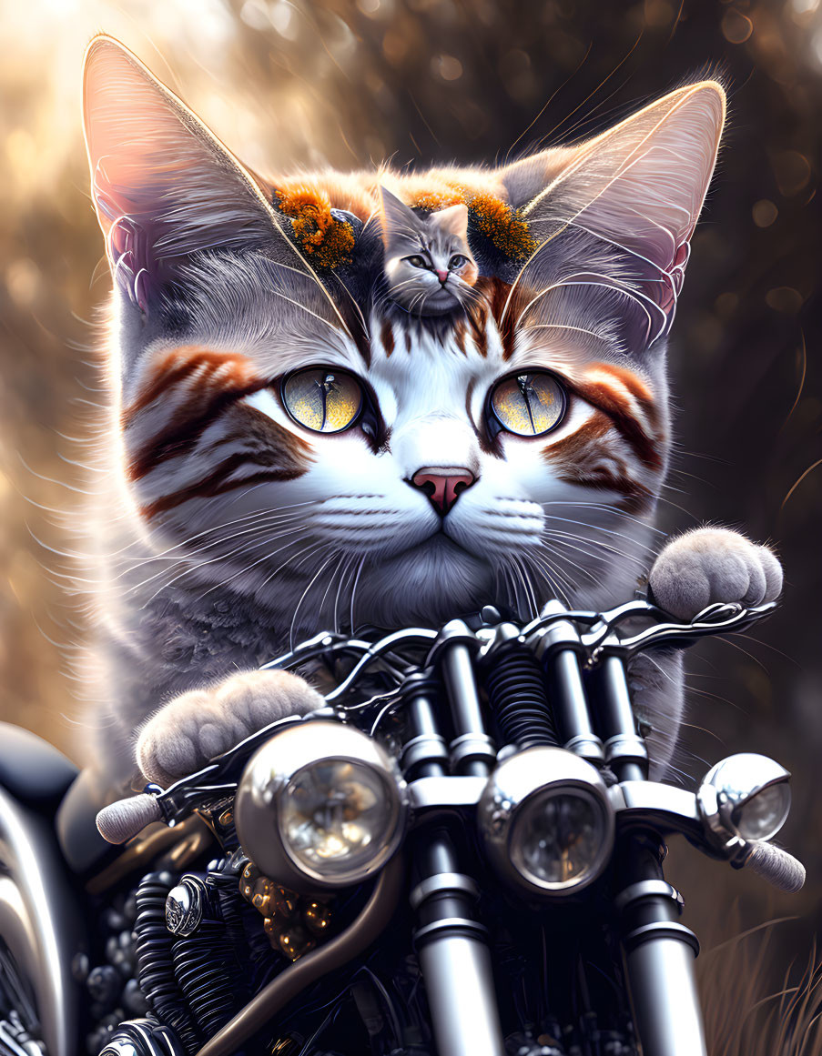 Hyper-realistic cats with striking eyes posed with a motorcycle in whimsical scene