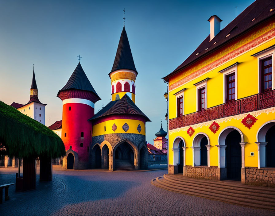 European town square at dusk with colorful buildings and cobblestone street