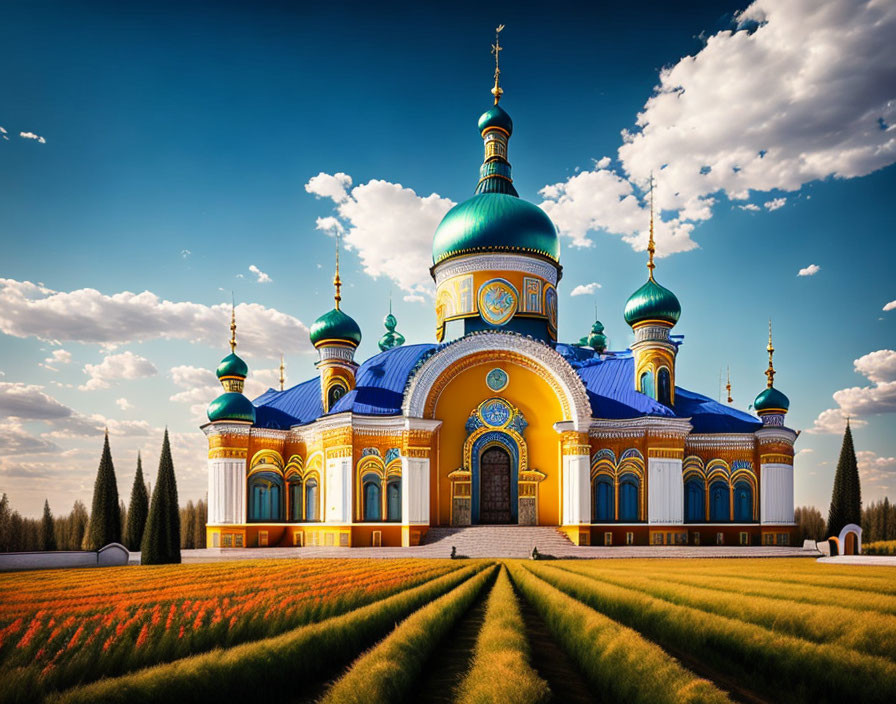 Colorful Orthodox Cathedral with Multiple Domes Against Blue Skies