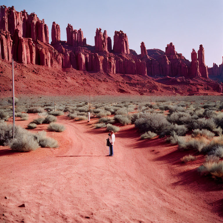 Desert landscape with winding path and red rock formations