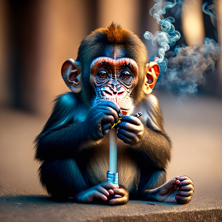 Young baboon with lit pipe gazing thoughtfully