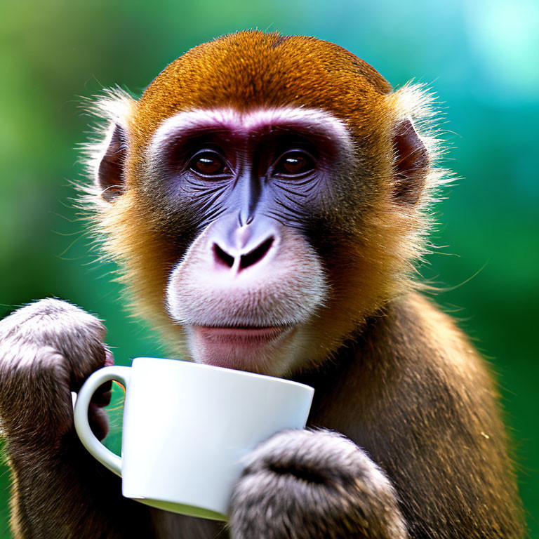 Colorful Mandrill Holding White Cup with Thoughtful Expression