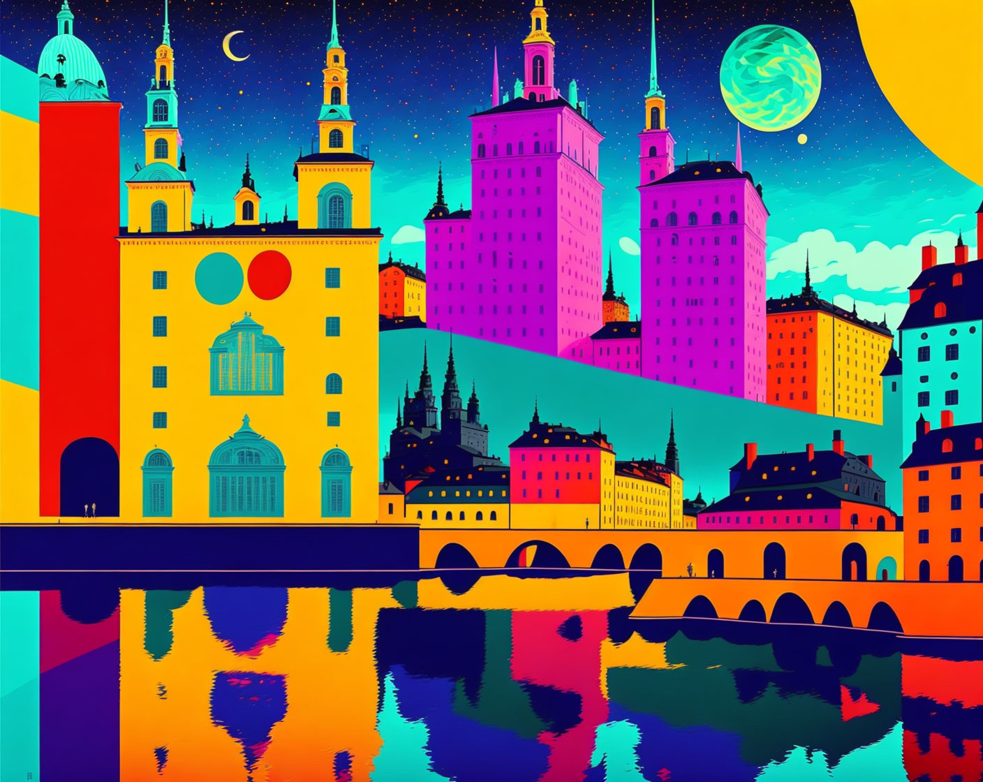 Colorful Cityscape with Moonlit Skies and Water Reflections