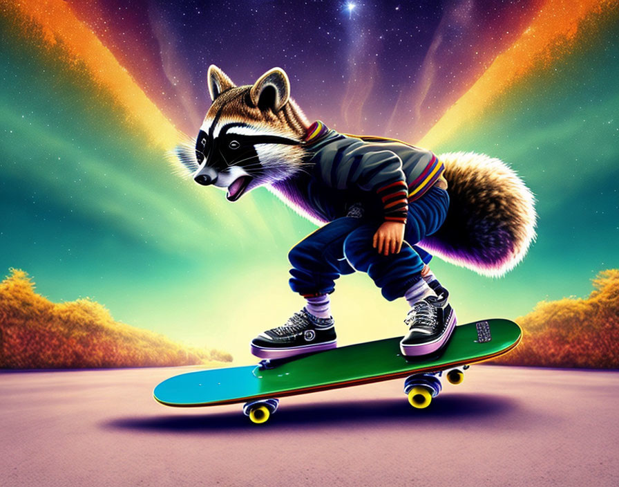 Skateboarding raccoon in cosmic setting with sneakers and jacket