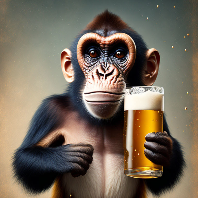 Detailed Monkey Holding Beer Pint on Tan Background