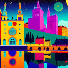 Colorful Cityscape with Moonlit Skies and Water Reflections