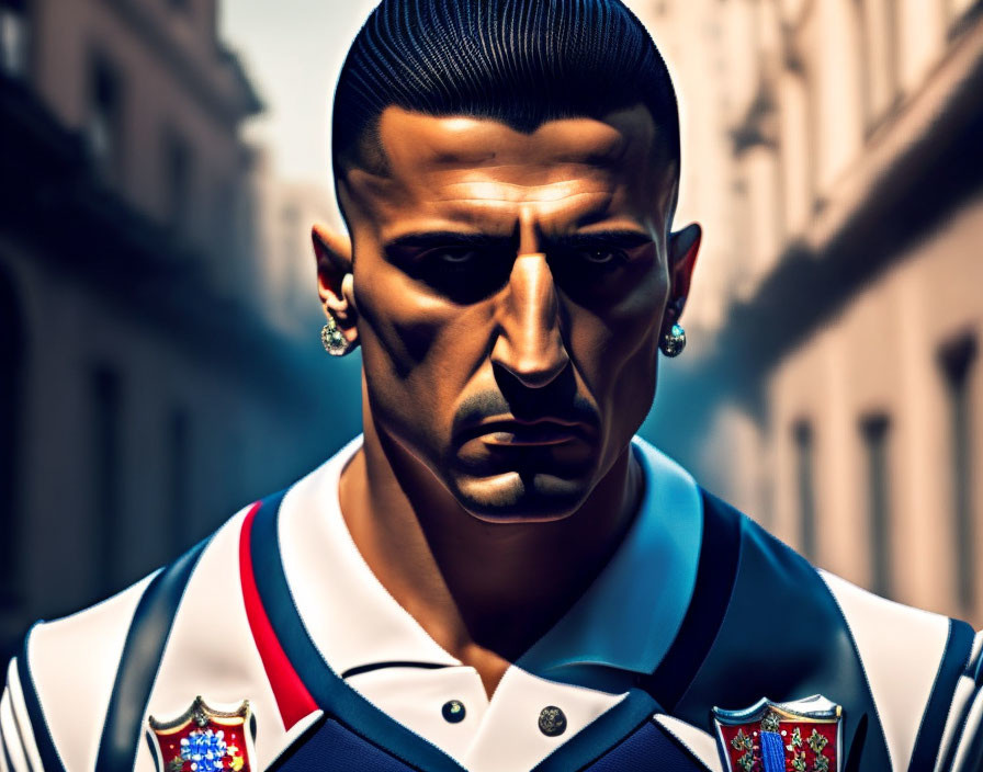 Stylized digital artwork of a confident man with unique style and urban backdrop