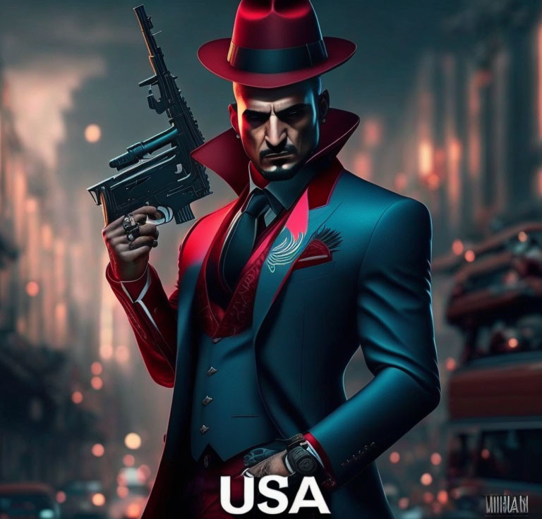 Animated character in stylish suit with submachine gun and "USA" text, red fedora, city