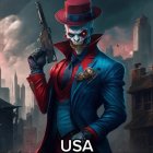 Animated character in stylish suit with submachine gun and "USA" text, red fedora, city