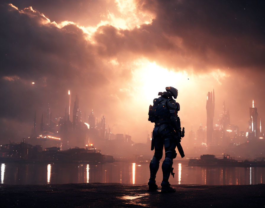 Astronaut in futuristic cityscape under dramatic sky