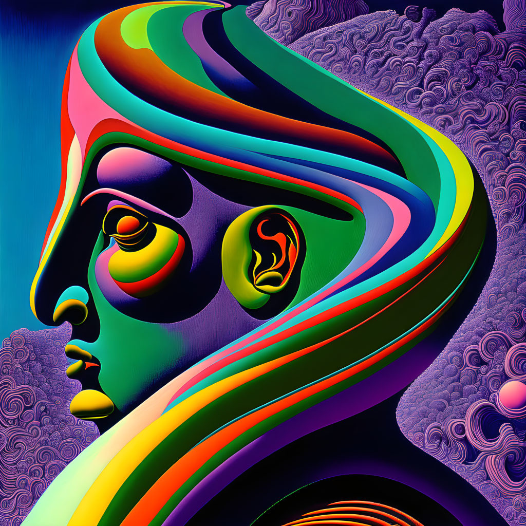 Vibrant surreal portrait with abstract facial features and swirling patterns