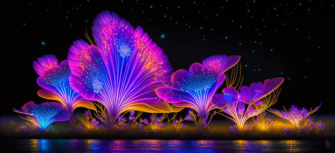 Colorful neon flowers on dark starry background with water reflection