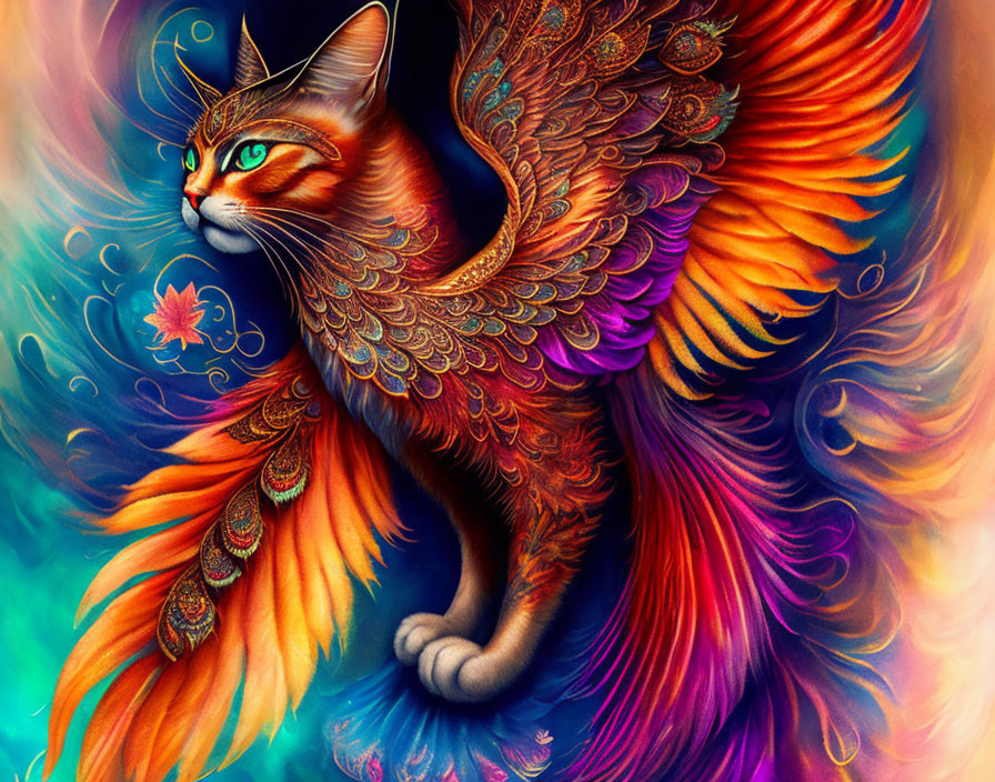 Vibrant fantastical cat illustration with feathered wings in orange, blue, and purple