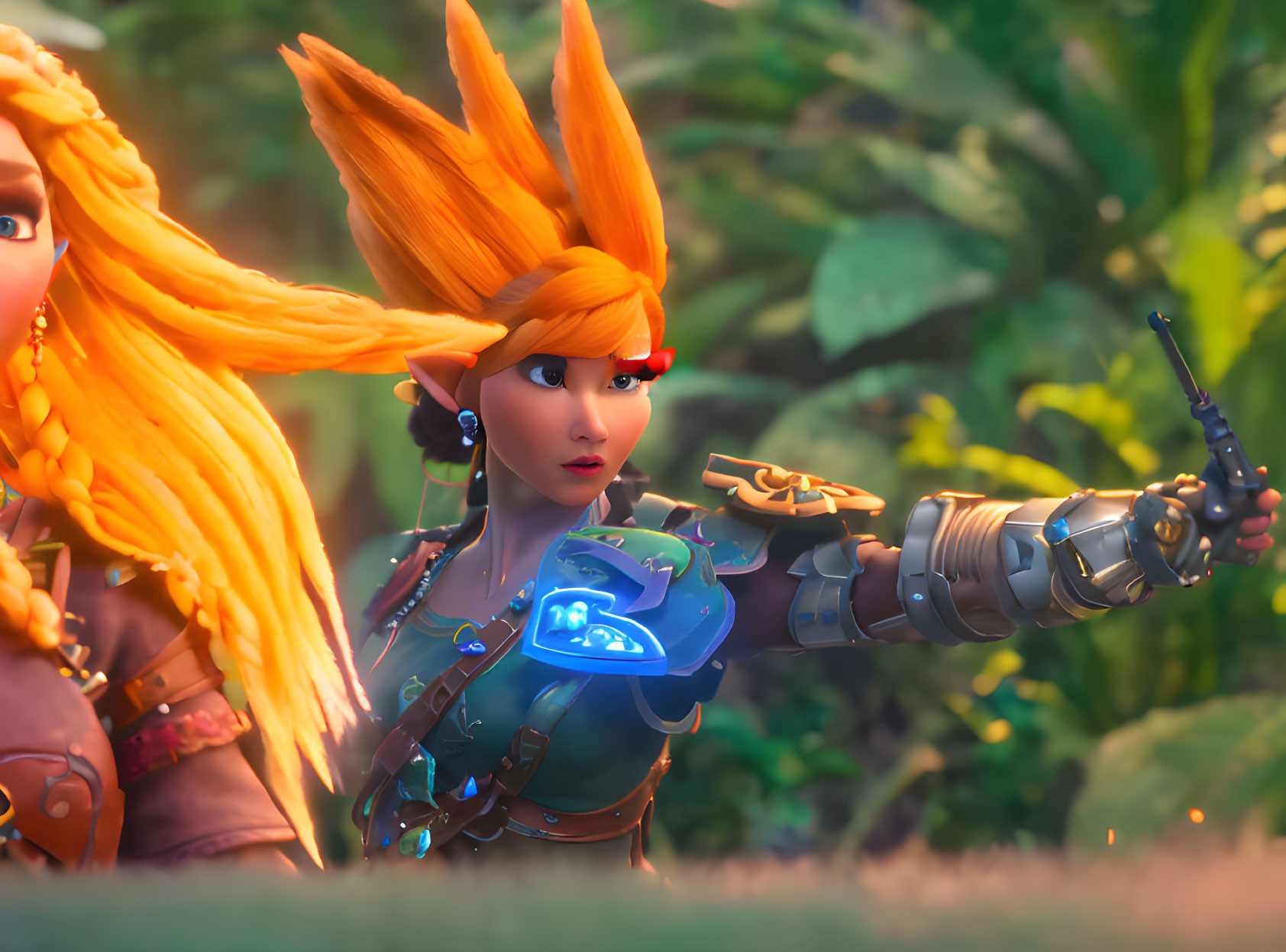 Fiery orange-haired animated female character with high-tech gauntlet weapon in lush jungle