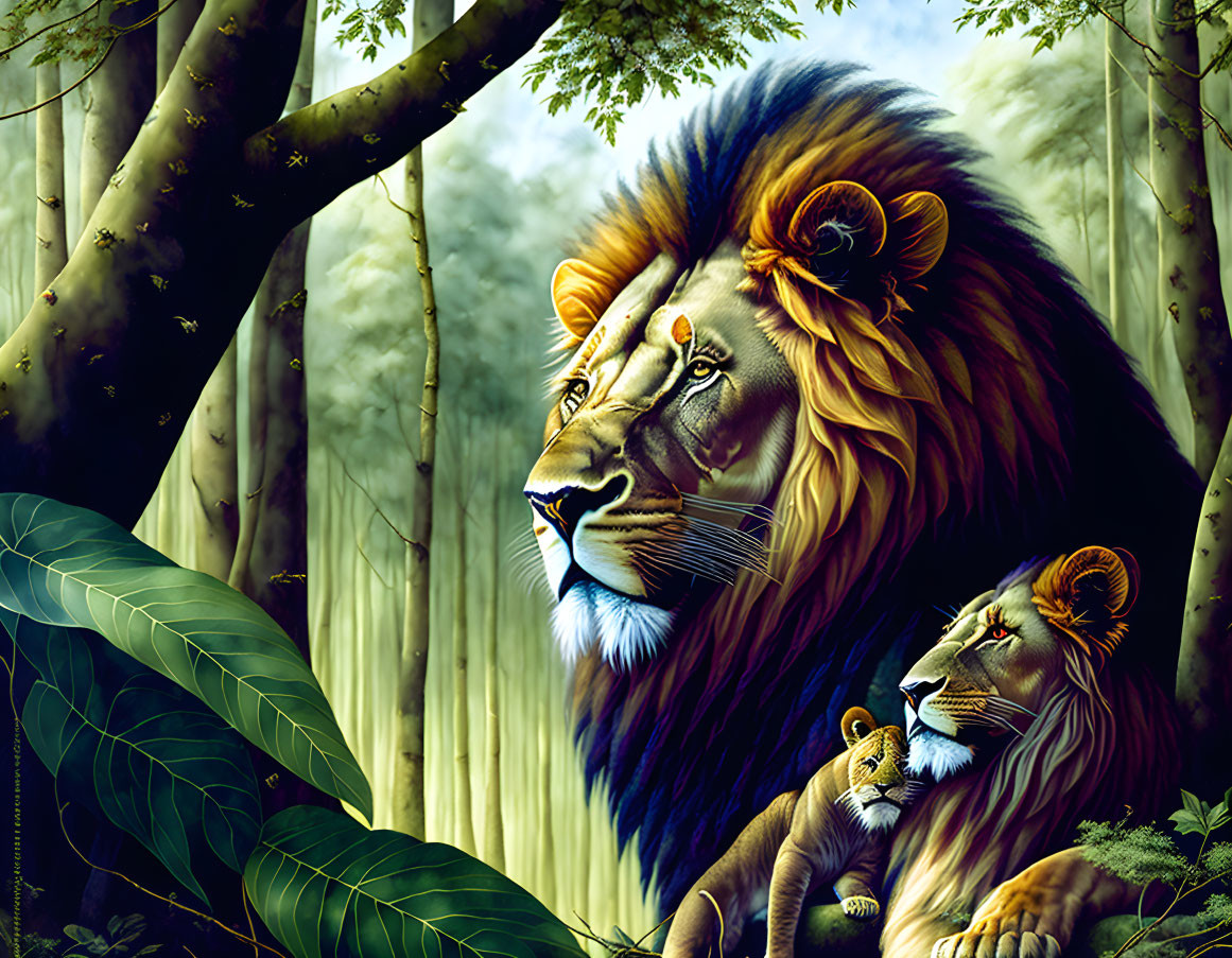 Majestic lion with lioness and cub in lush jungle scene