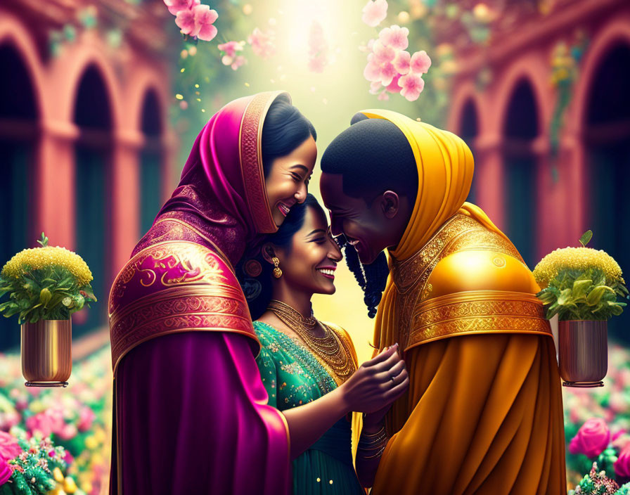 Traditional Indian attire couple surrounded by vibrant flowers and arches