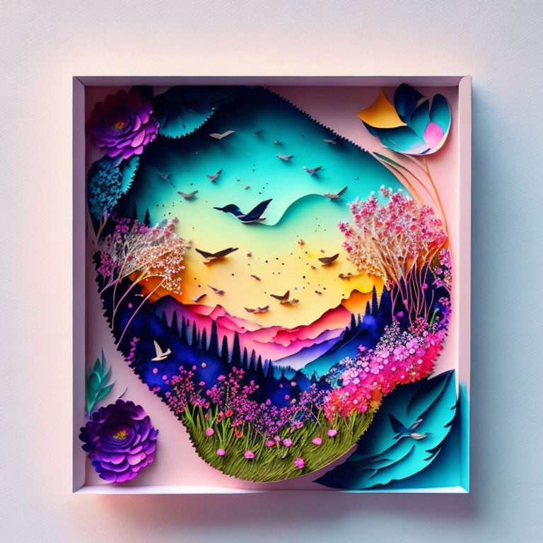 Colorful Paper Art Piece: Flowers, Birds, Sunset in Shadow Box Frame