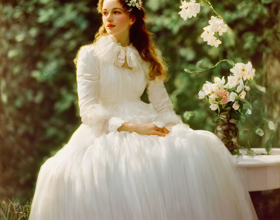 Vintage white dress woman with floral headband in serene garden setting