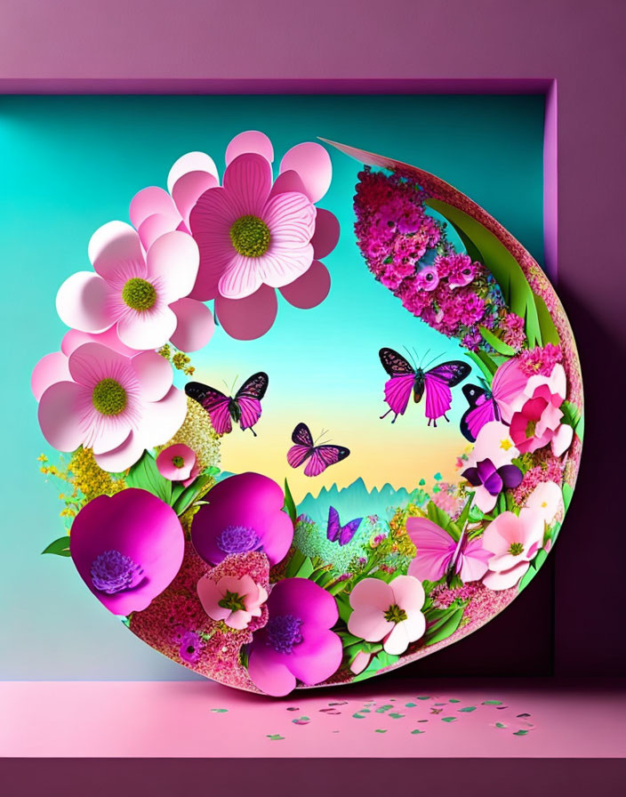 Colorful Digital Artwork: Whimsical Floral Arrangement in Crescent Shape