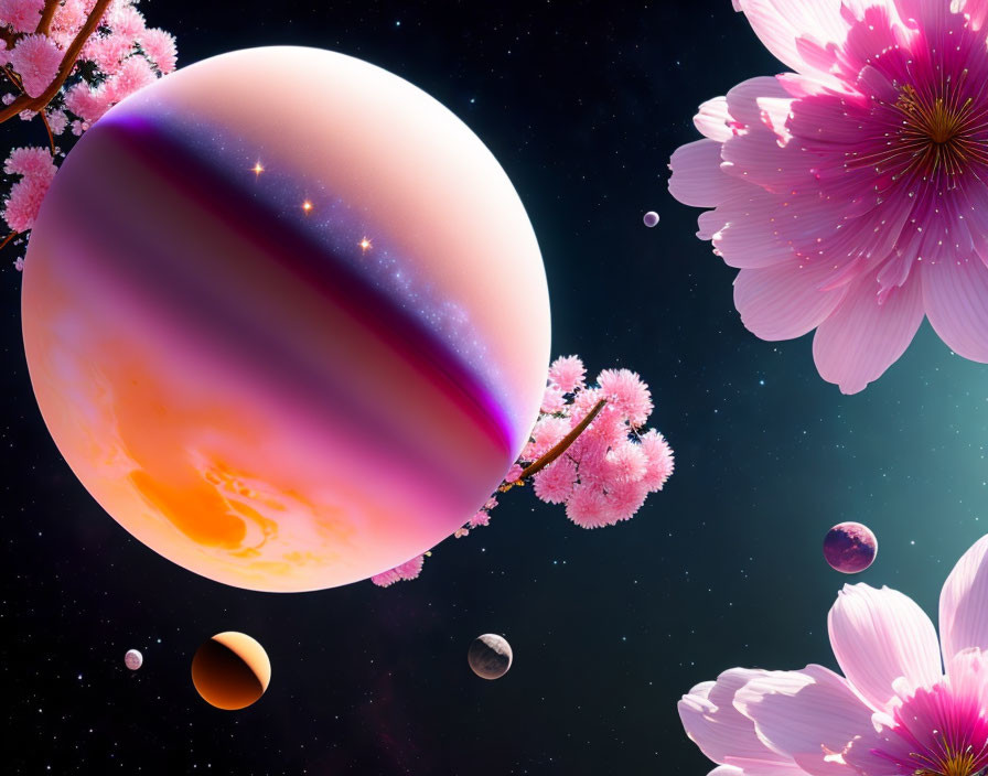 Large Saturn-like planet with celestial bodies and pink cherry blossoms