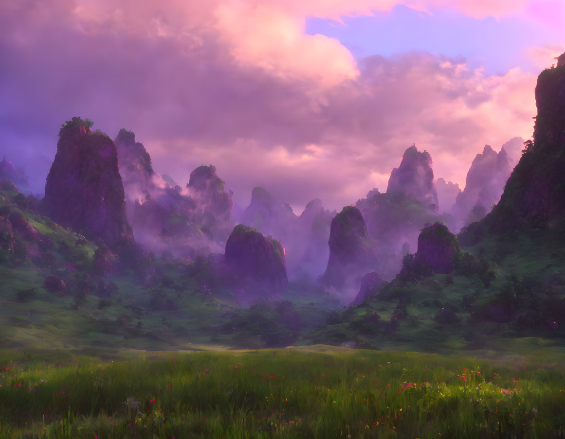 Mystical landscape with towering rock formations and vibrant sky