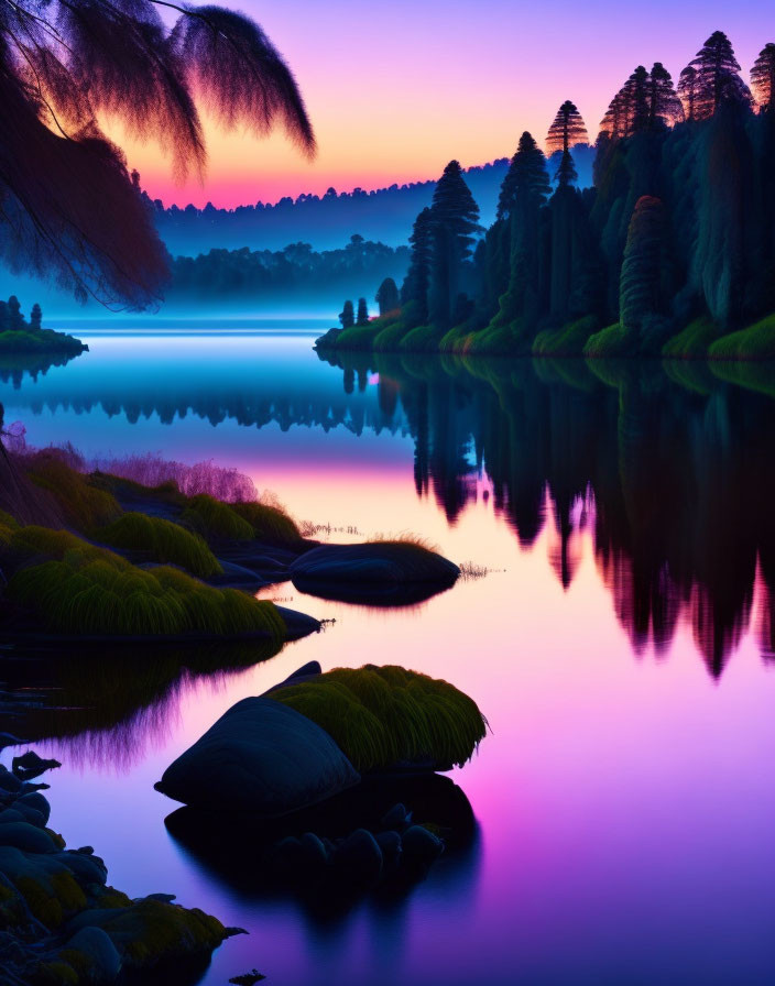 Twilight lake scene with silhouetted trees and colorful sky