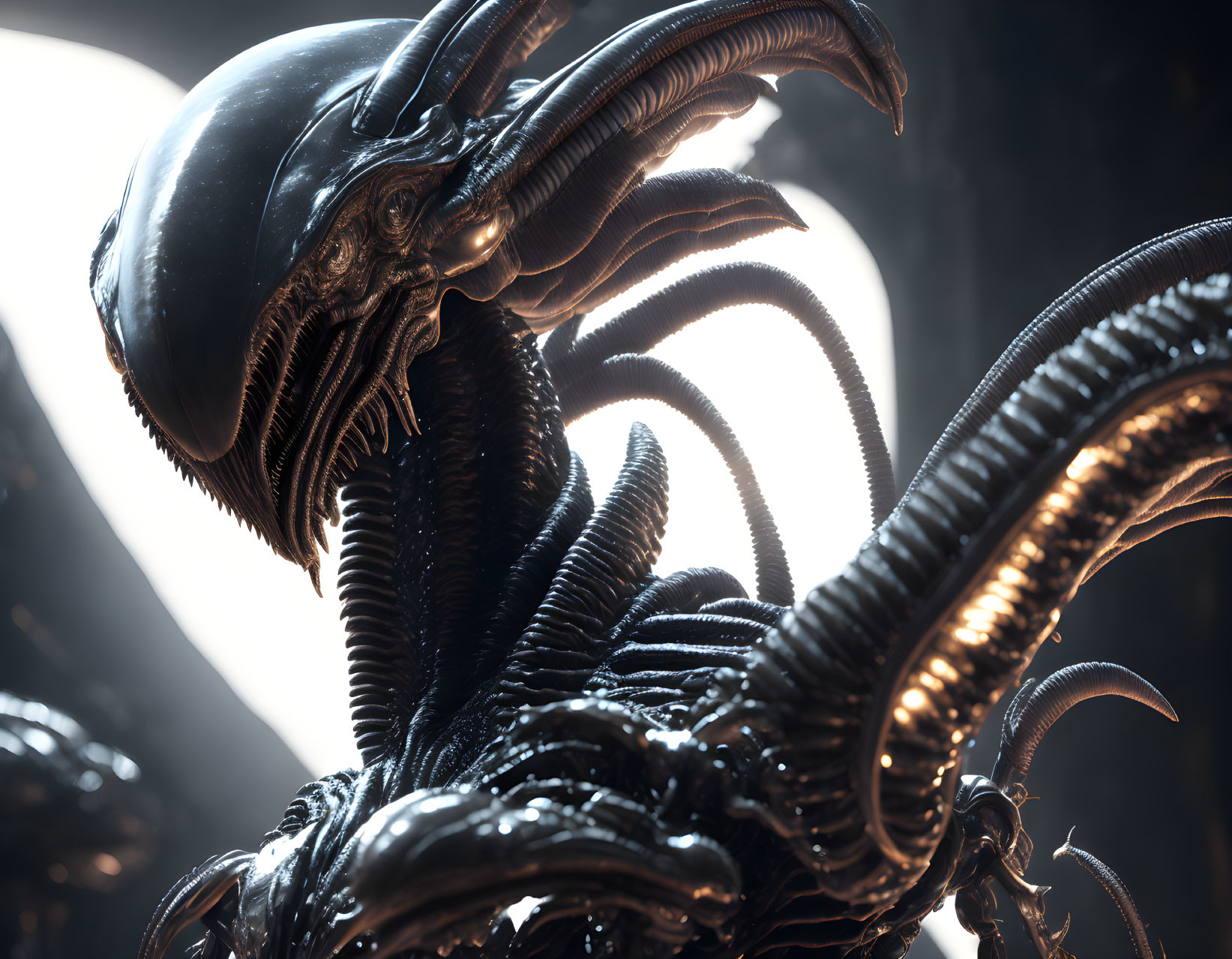 Detailed Xenomorph Image: Shiny Black Exoskeleton, Elongated Head, Sharp Append