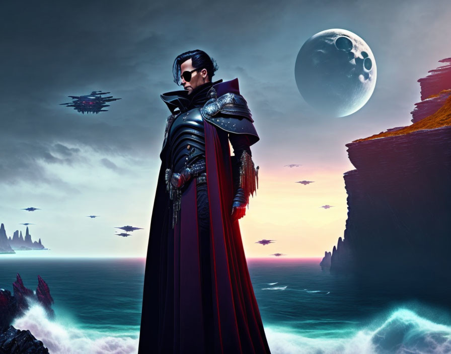 Person in Black Armor with Red Cape on Cliff at Dusk