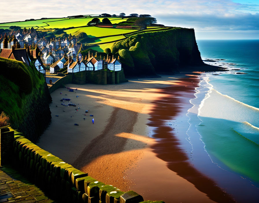 Scenic coastal village with sandy beach, rolling hills, and clear blue sky