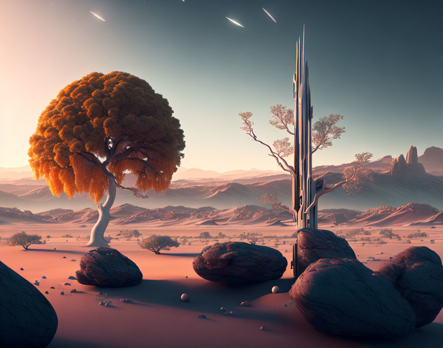 Vibrant orange tree in surreal desert landscape with floating rocks and shooting stars