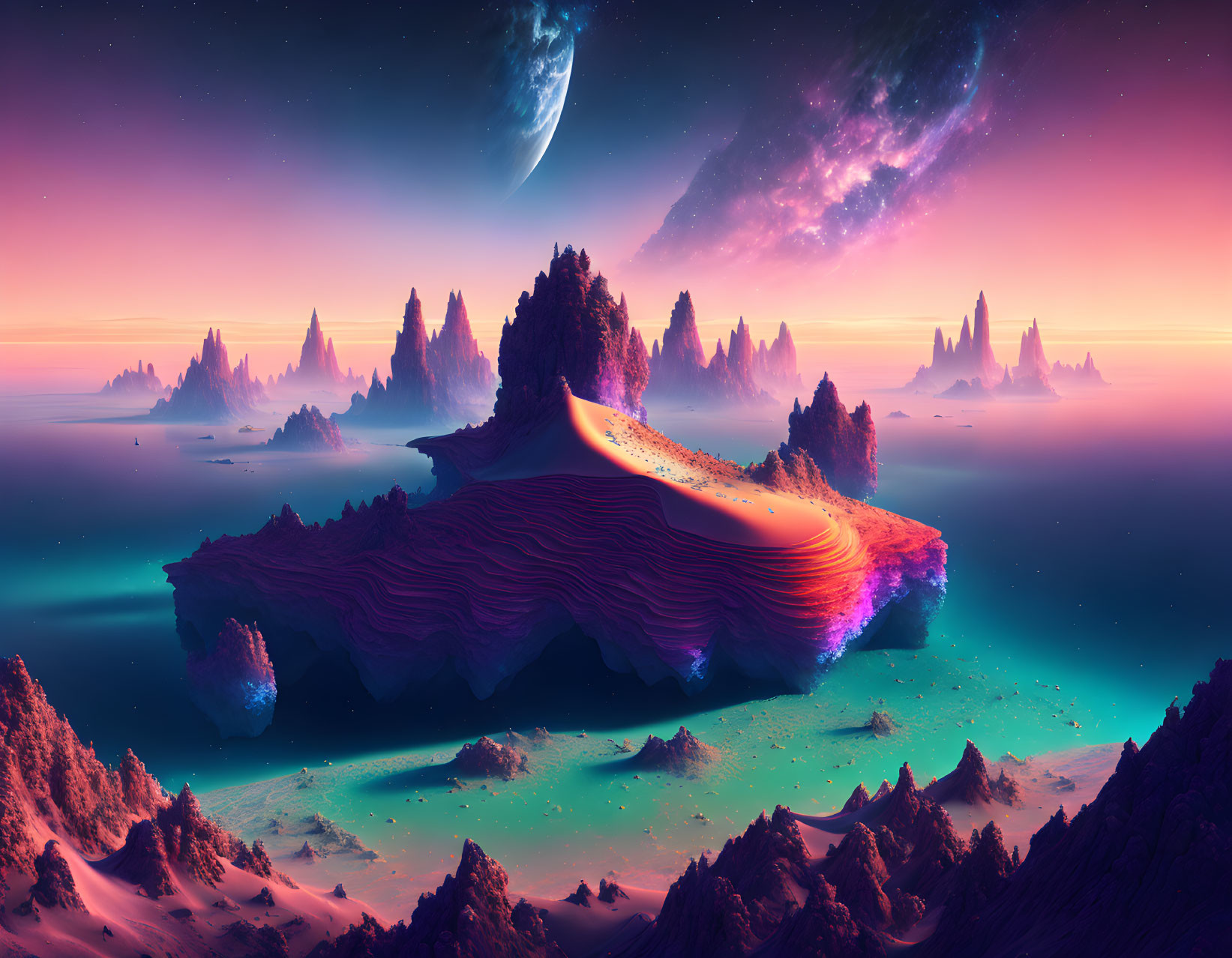 Vibrant multicolored surreal landscape under starry sky