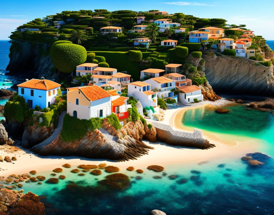 Scenic coastal village with white houses and terracotta roofs on cliffs