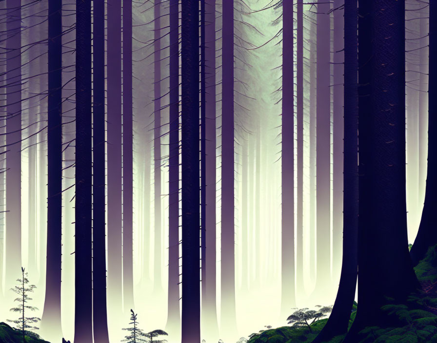 Mystical forest with tall trees in purple and blue palette