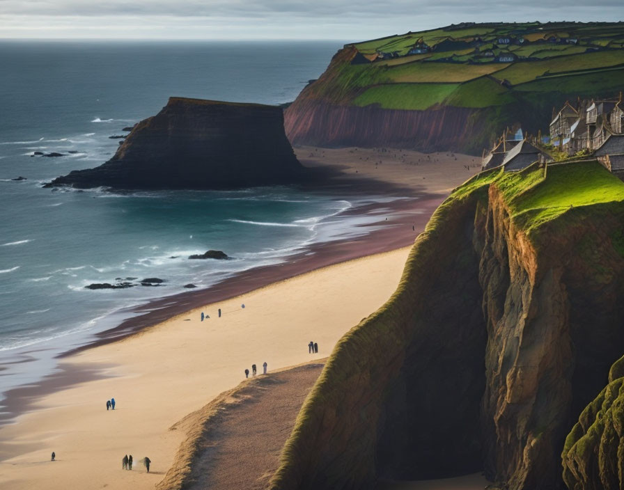 Scenic Coastal View with Cliffs, Beach, and Sunlit Buildings