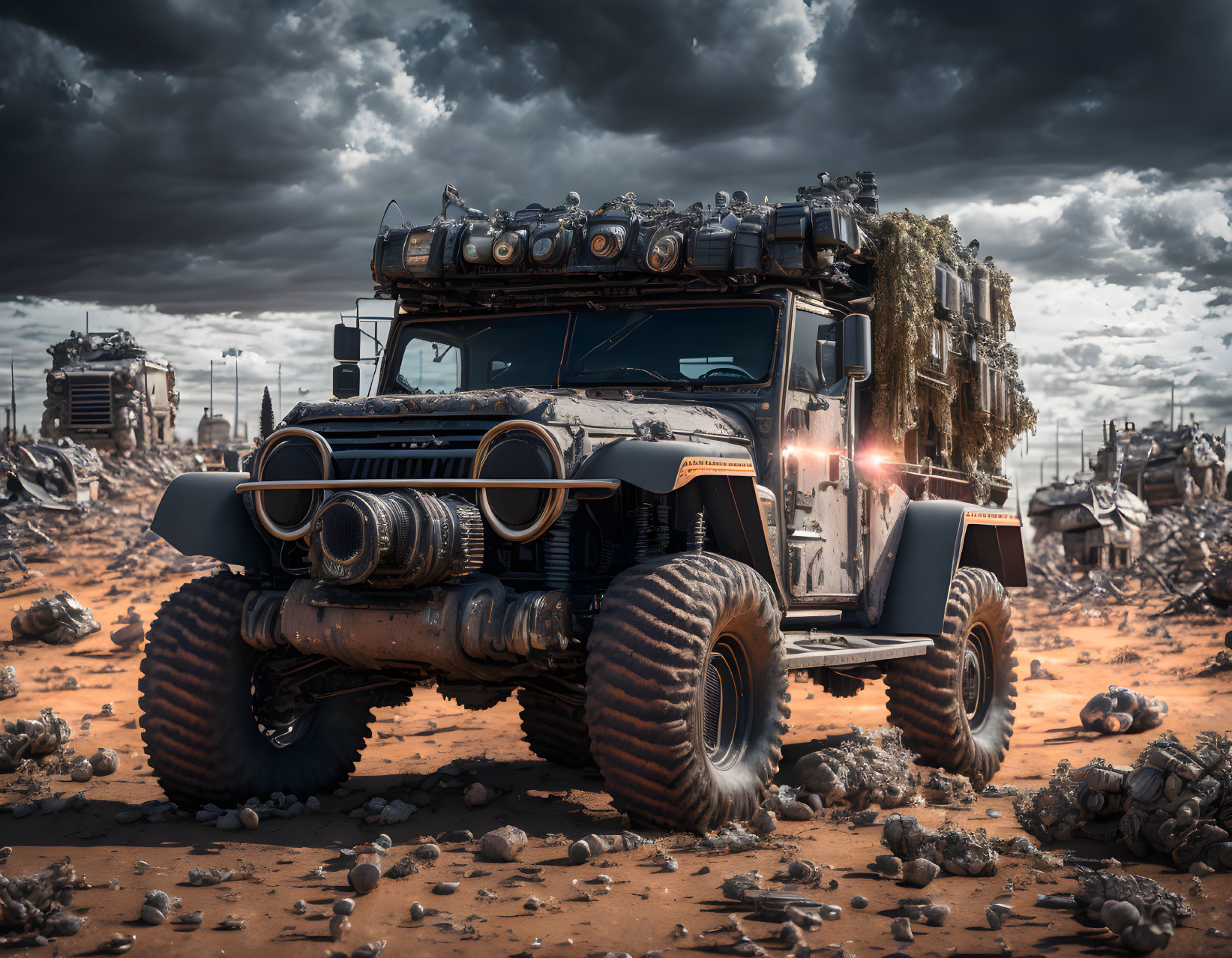 Modified off-road vehicle in post-apocalyptic landscape