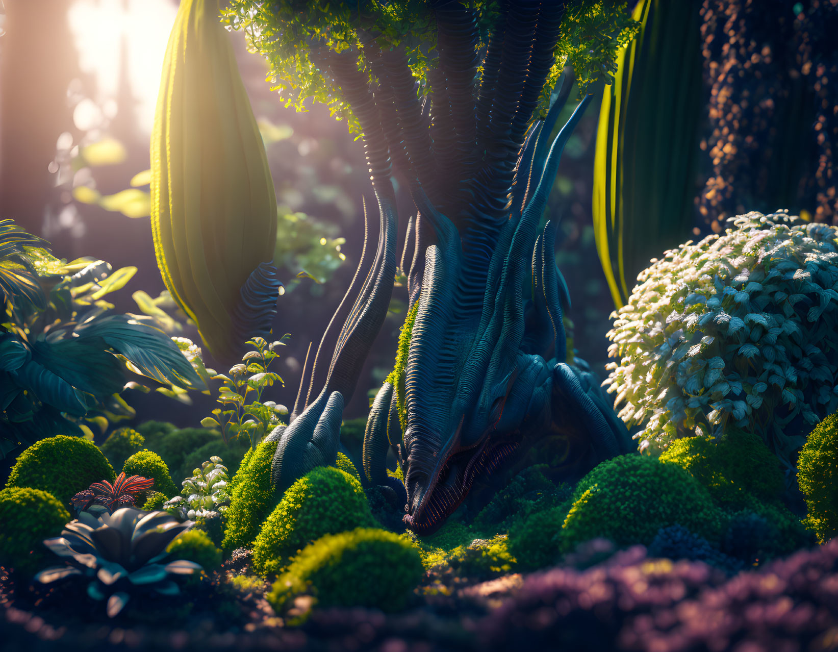 Vibrant alien forest with towering trees and mysterious light