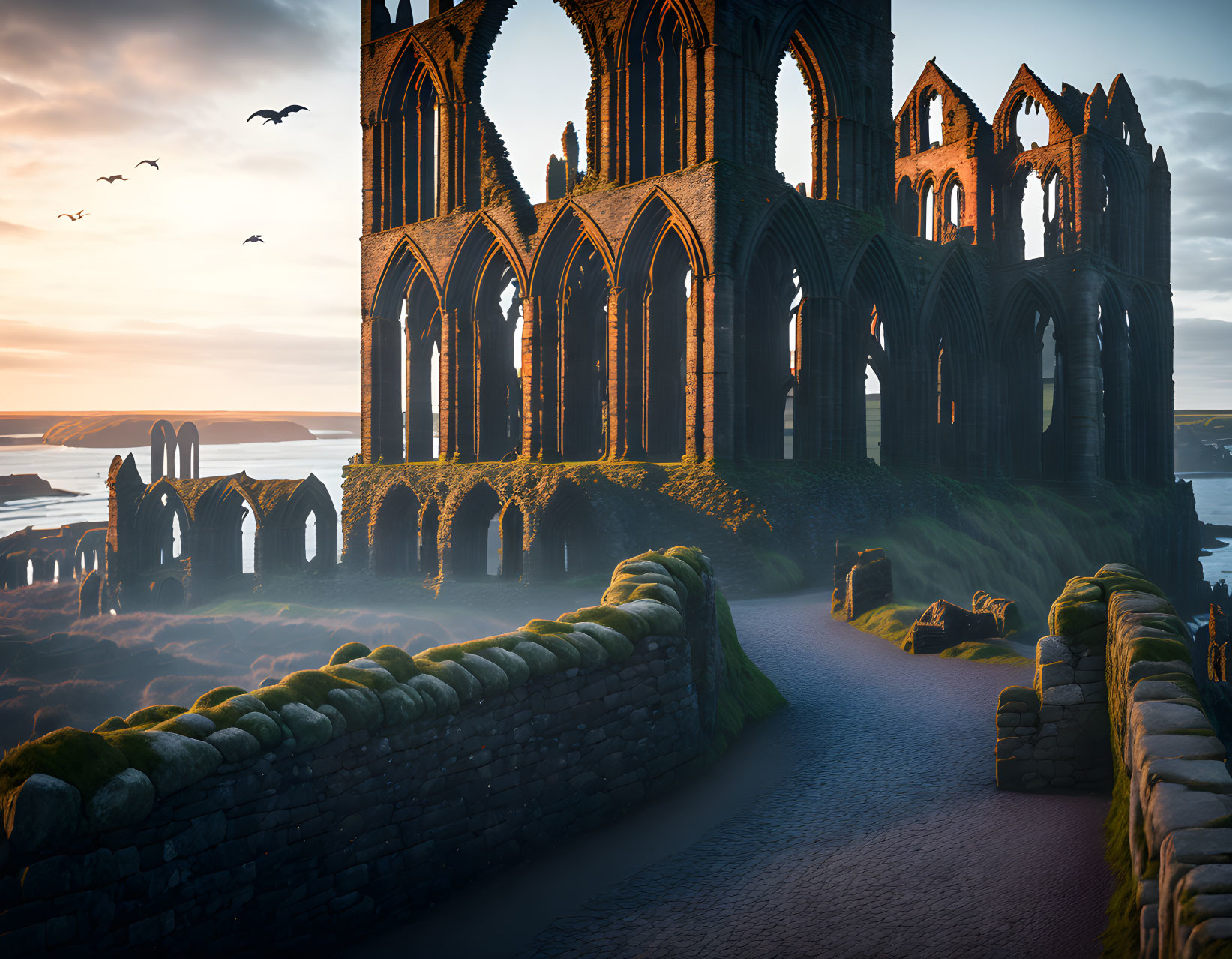 Gothic ruin with arches and stone path at sunset