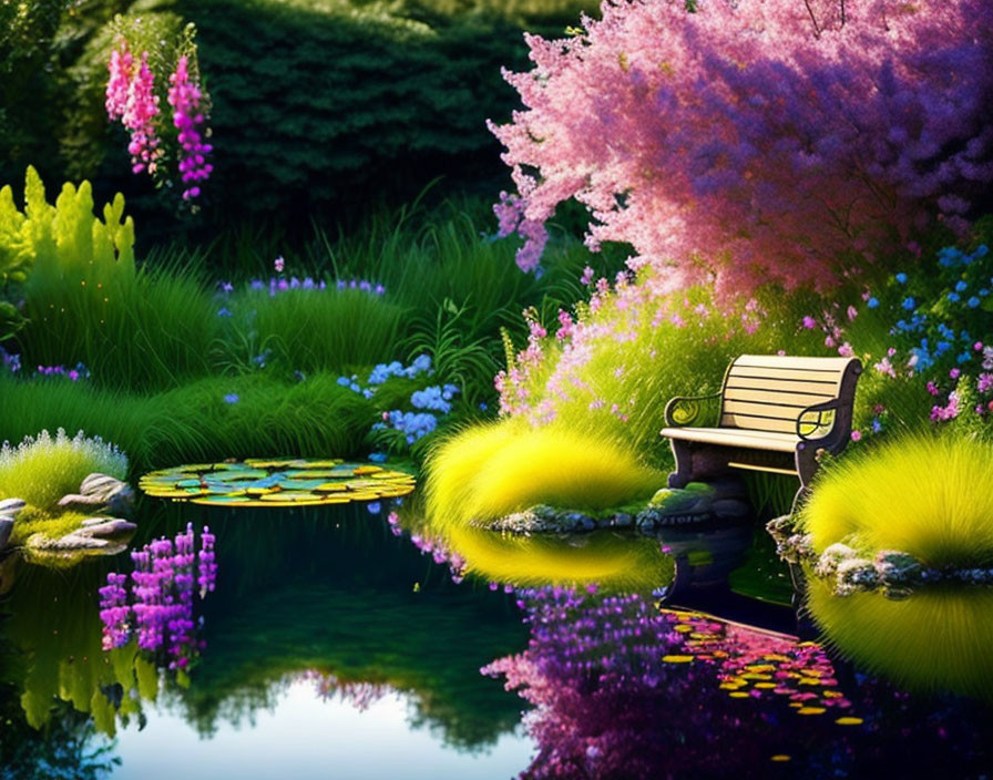 Tranquil garden pond with pink and purple blossoms and a bench