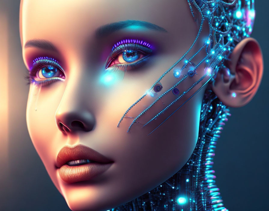 Detailed female android digital artwork with cybernetic head and exposed circuits.