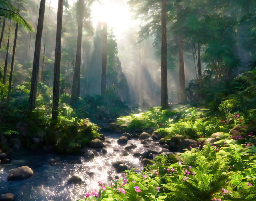 Dense misty forest with sunlight, green foliage, stream, pink flowers