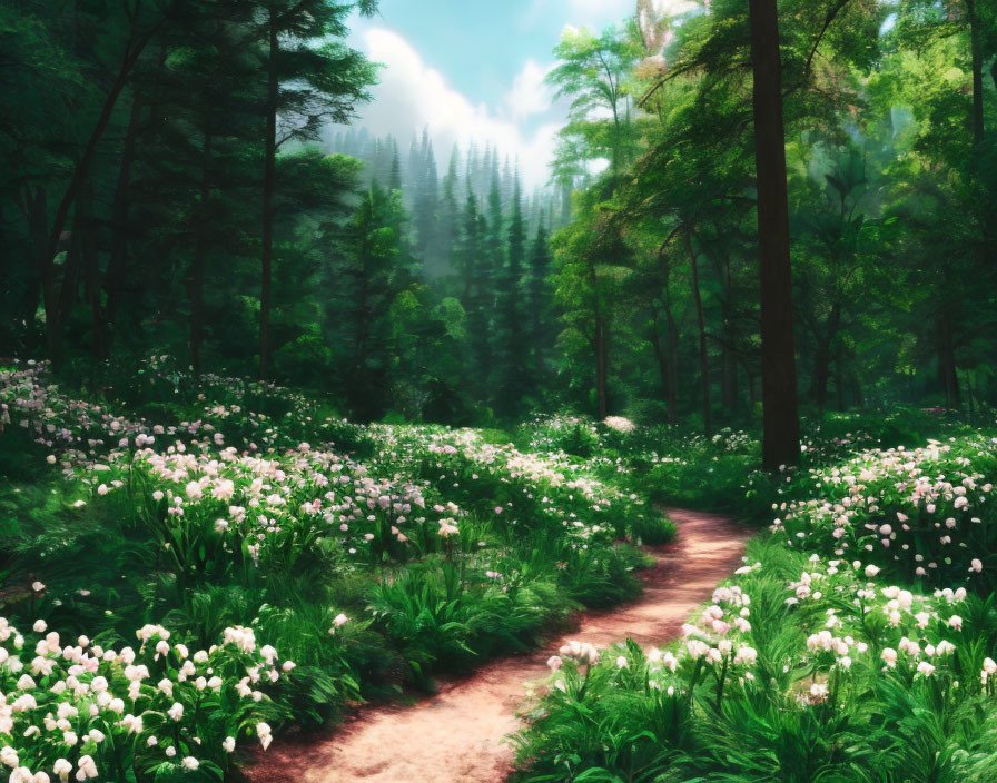 Tranquil Forest Path with White Flowers and Sunlight