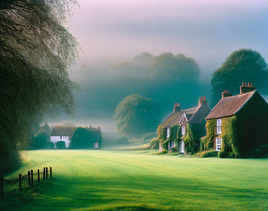 Tranquil landscape with cottages in misty morning light