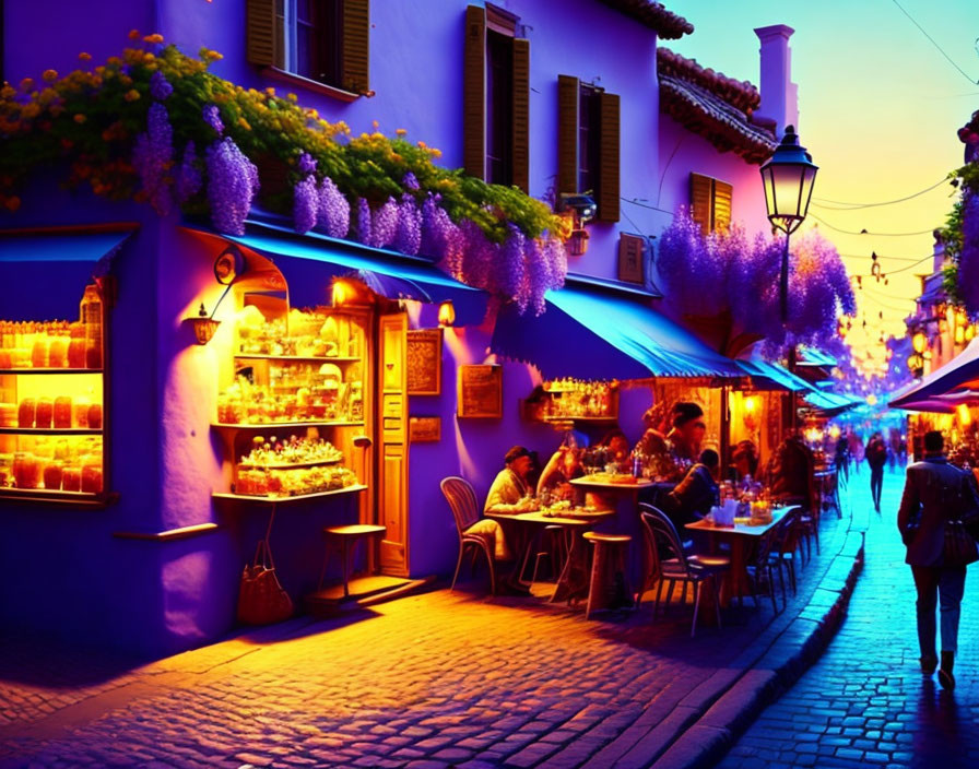 Cobblestone street with purple buildings and outdoor dining at dusk