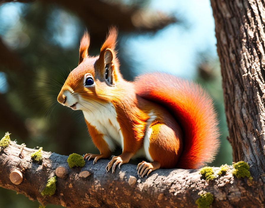 Red squirrel on tree branch with lush greenery background