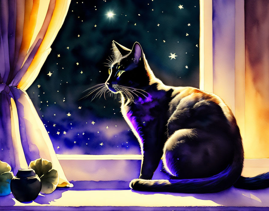 Black and brown cat on windowsill at night with starry sky, potted plant, and drawn