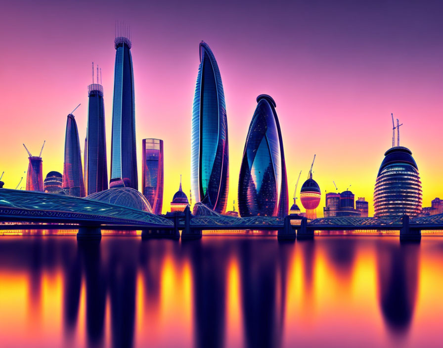 City skyline at sunset: Vibrant skyscrapers and reflections in purple-orange sky